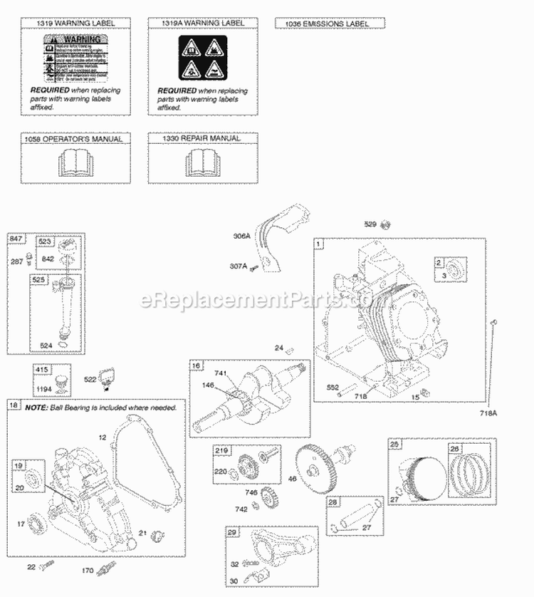Camshaft Crankcase Cover Crankshaft Cylinder Lubrication OperatorS Manual PistonRingsConnecting Rod Warning Label Diagram and Parts List for 216302-0121-B1  Briggs and Stratton Engine
